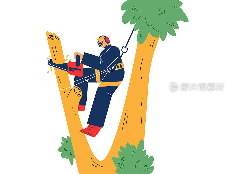 园丁工人修剪巨大的树扁平的卡通矢量插图孤立。