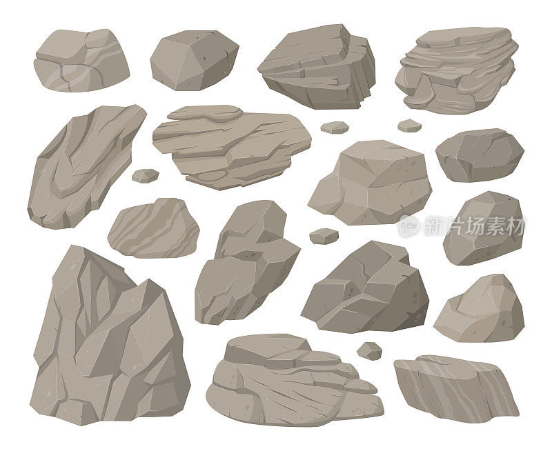 石头、卡通石头、卵石堆和灰色石头。花岗岩石堆，砾石和山岩片矢量符号插图集。天然纹理花岗岩石材收藏