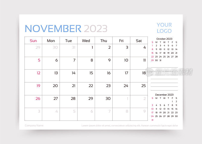 2023年的11月。办公桌每月计划模板。矢量插图。