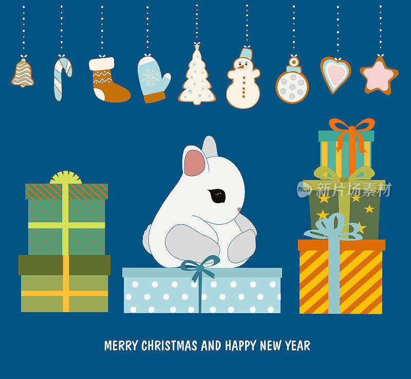 2023年是兔年。可爱的圣诞兔子和礼物。矢量插图。