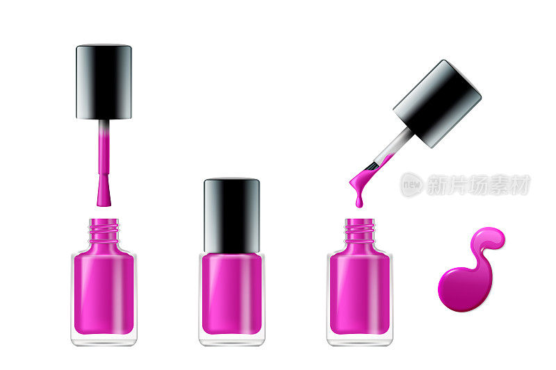 粉色指甲油逼真的开闭瓶盖，刷子和颜料滴隔离