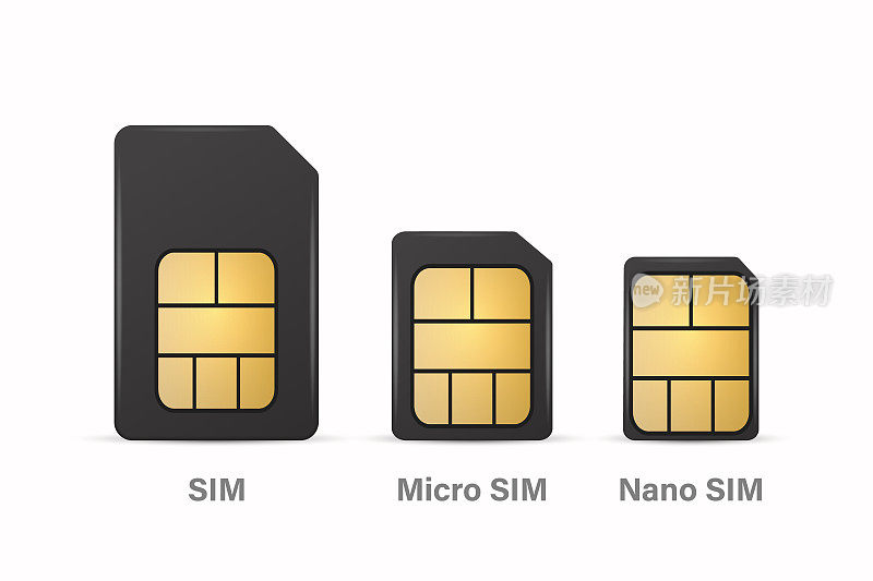 矢量3d逼真黑色塑料Sim卡，微型Sim卡，纳米Sim卡模板设置隔离。模拟用Sim卡设计模板，品牌。前视图