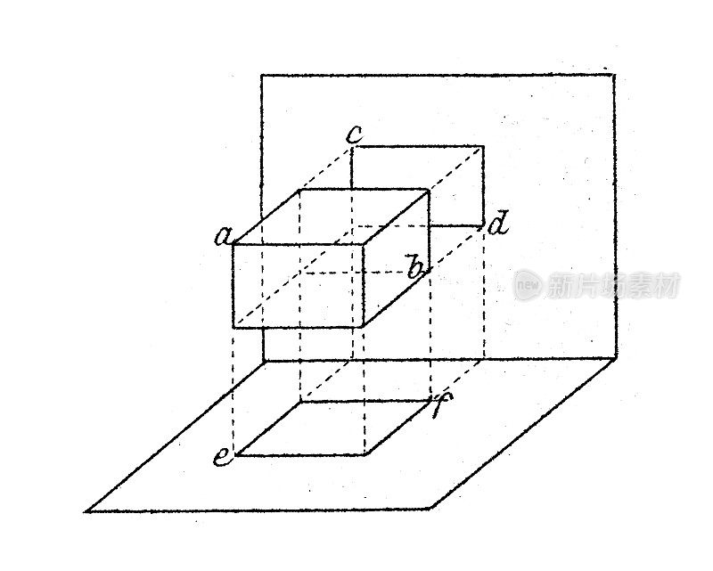 古董插图，数学和几何:投影和交叉，平行六面体