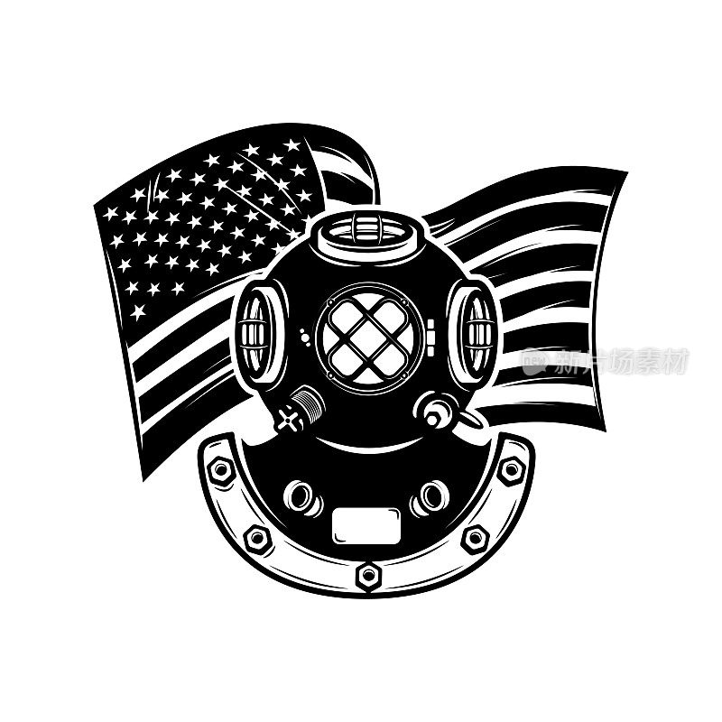 美国国旗背景上的潜水员头盔。设计元素为海报，卡片，横幅，设计。矢量图