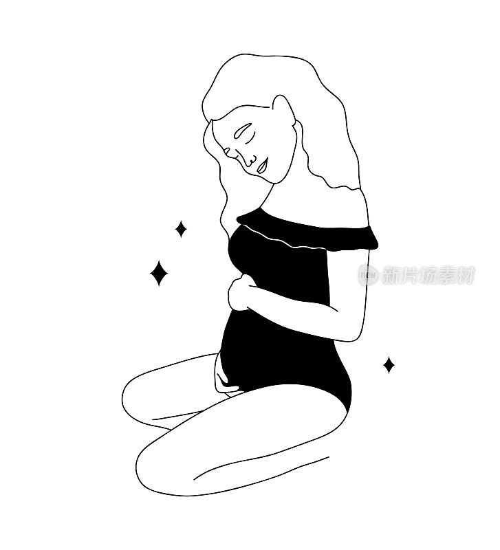 孕妇抱着肚子快乐。一个画线。怀孕和母亲的概念。矢量轮廓插图的极简风格