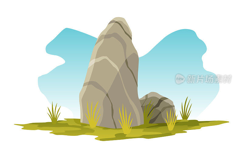 巨石。山的残骸。卡通石头和元素的游戏在平面风格上的彩色背景。石板岩石矢量插图