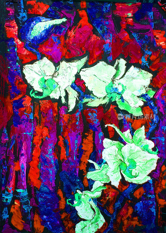 插画艺术油画风景花兰花在植物叶子的背景在红色调
