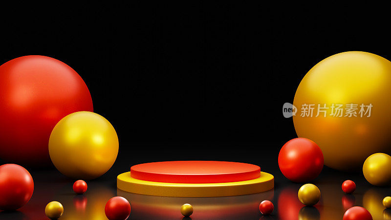 圣诞金红球领奖台。圆基座讲台。抽象渲染3d形状。黑色背景场景为产品展示，舞台展示