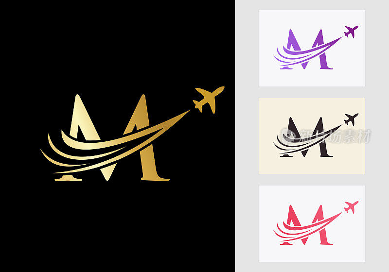 字母M旅行标志概念与飞行的飞机符号