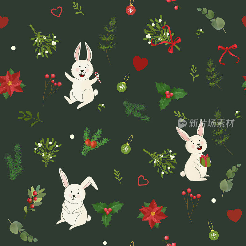 可爱的圣诞图案与兔子和装饰。无缝noel印刷包装纸，贺卡。新年的松枝和槲寄生在暗青色的背景。