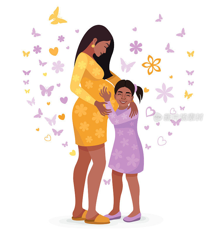 怀孕的非洲妇女。祝您母亲节快乐。妈妈拥抱着女儿。