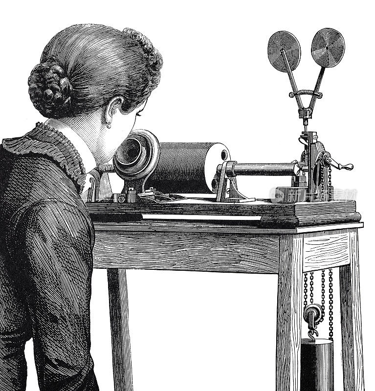 年轻女子发髻在电话机，白色背景