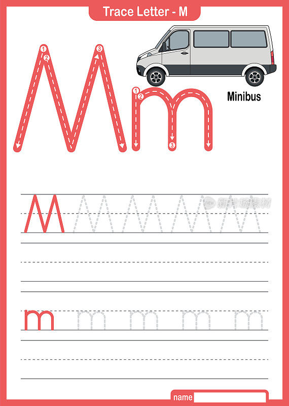 字母跟踪字母A到Z学龄前工作表与字母M迷你巴士Pro矢量
