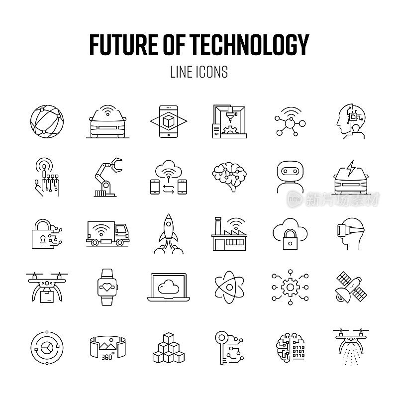 未来技术线图标集。增强现实，人工智能，智能汽车，区块链
