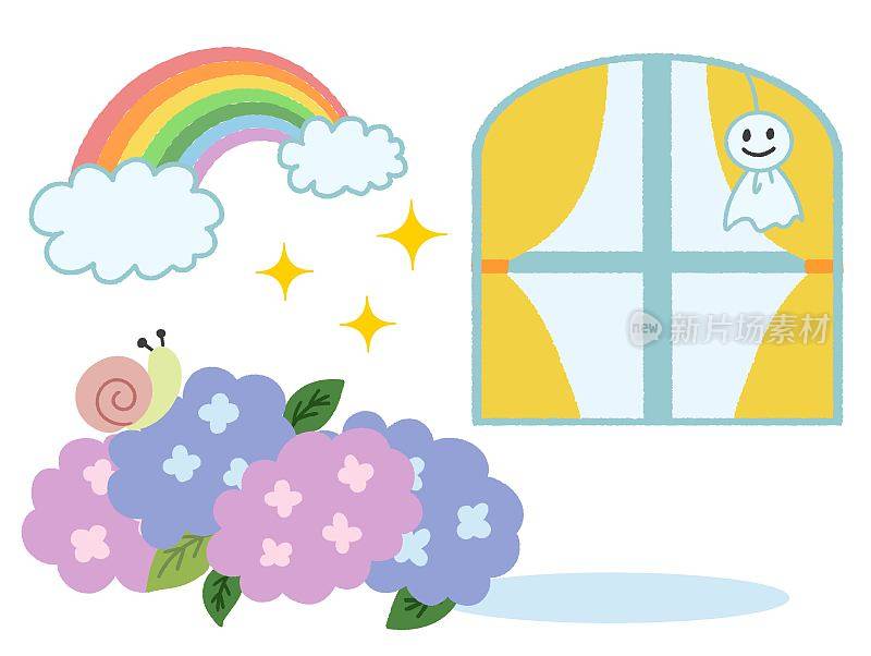 绣球花和彩虹在雨天的插图材料