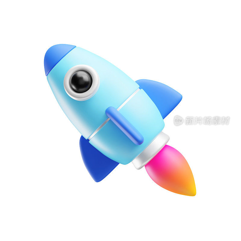 宇宙飞船火箭发射。3d风格的玩具火箭飞行