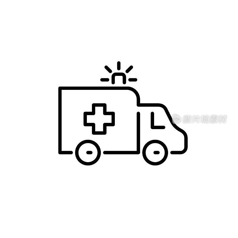 救护车卡车。辅助救援服务车。紧急医疗援助像素完美，可编辑的笔画线