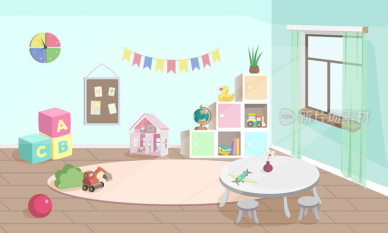 儿童房或幼儿园室内矢量插图。空背景与桌子，儿童玩具和盒子。现代化的房间，有家具，阳光从窗户射进来。