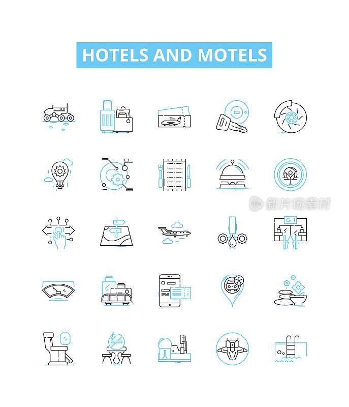 酒店和汽车旅馆矢量线图标集。住宿，住宿，旅馆，度假村，套房，汽车旅馆，旅馆插图概述概念符号和标志