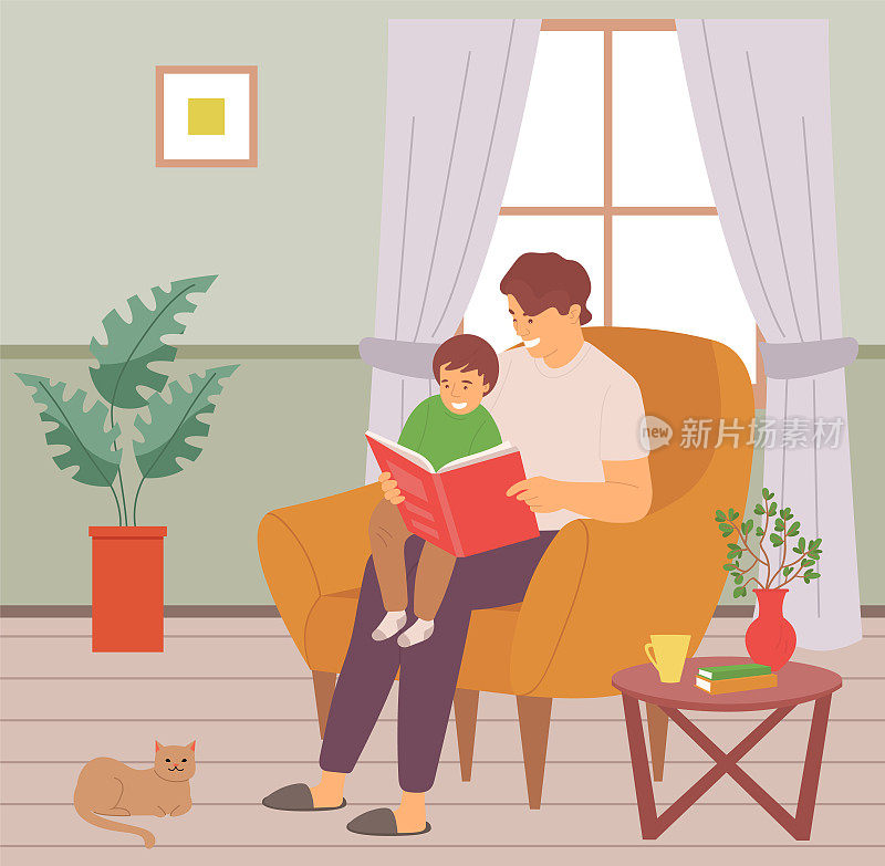 父亲和儿子一起读书。爸爸和孩子坐在扶手椅上。爸爸和孩子拿着故事书