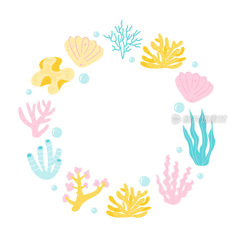 框架与各种类型的珊瑚礁，藻类和海藻集。水下珊瑚礁和海带手绘涂鸦风格。海洋水族植物插图。向量组