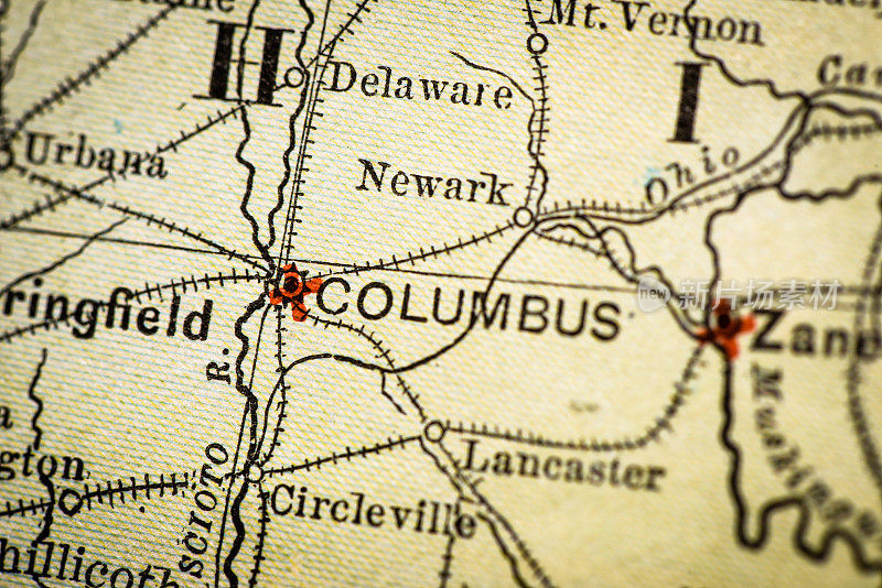 古董地图集地图宏观特写:哥伦布，俄亥俄州