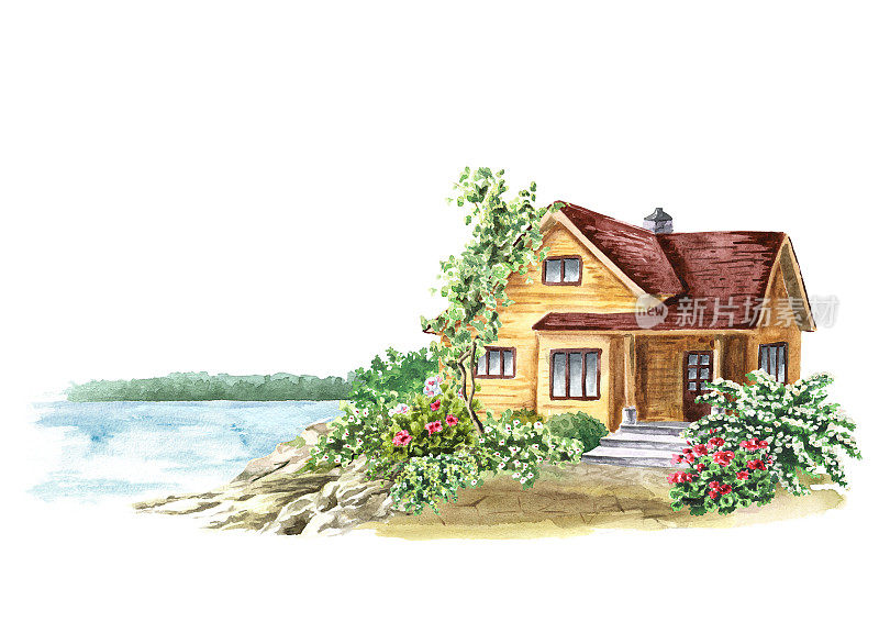 舒适的乡村小屋在河边的花园里。手绘水彩插图，孤立在白色背景上