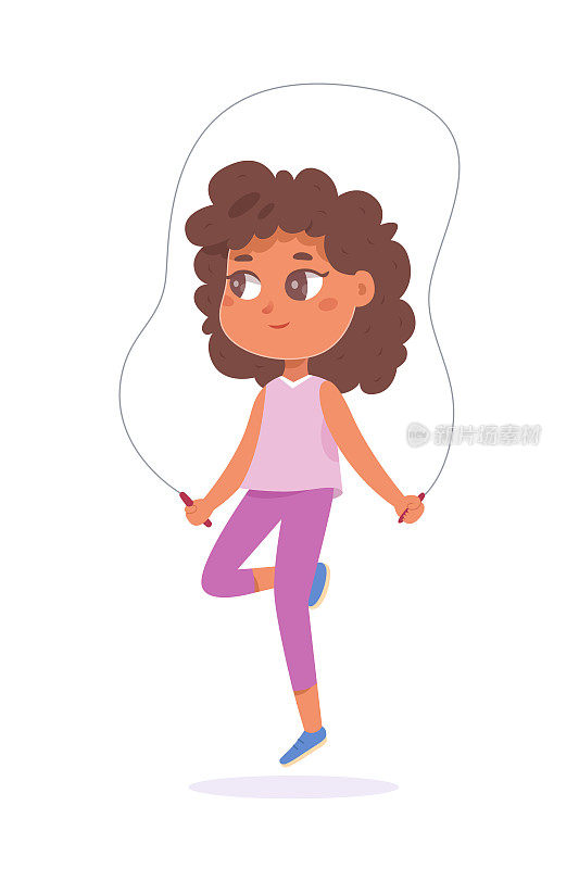 儿童跳绳矢量插图。卡通孤立活跃的女孩在健身房跳绳和玩耍，幼儿用跳高训练身体，健康的体育活动和青少年性格的跳绳练习