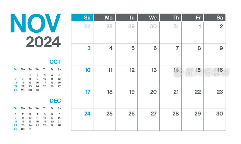 2024年11月-每月季度日历。极简风格的景观水平日历2024年。向量模板。这一周从星期一开始