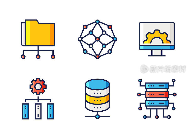 网络技术相关的矢量线图标。轮廓符号集合