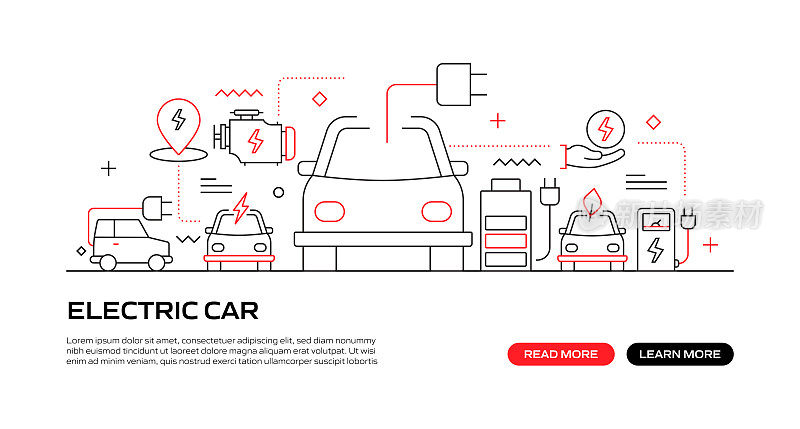 电动汽车网页横幅与线性图标，新潮的线性风格向量