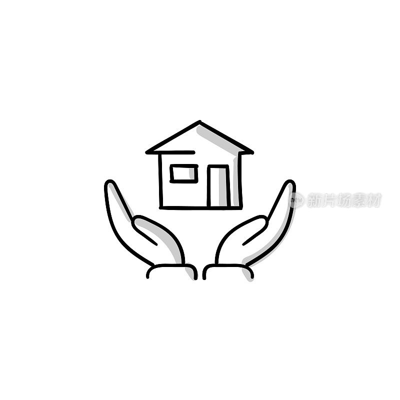 房子保险素描涂鸦矢量线图标与可编辑的笔画。Icon适用于网页设计、移动应用、UI、UX和GUI设计。