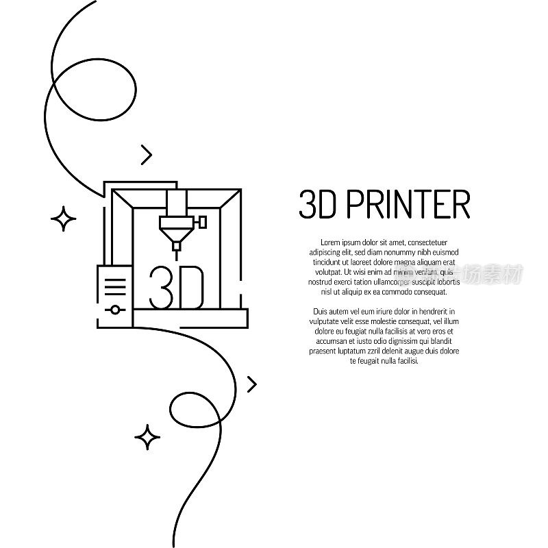 3D打印机图标的连续线条绘制。手绘符号矢量插图。