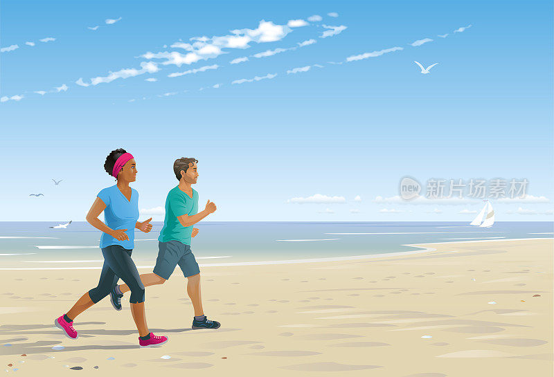一男一女在沙滩上慢跑