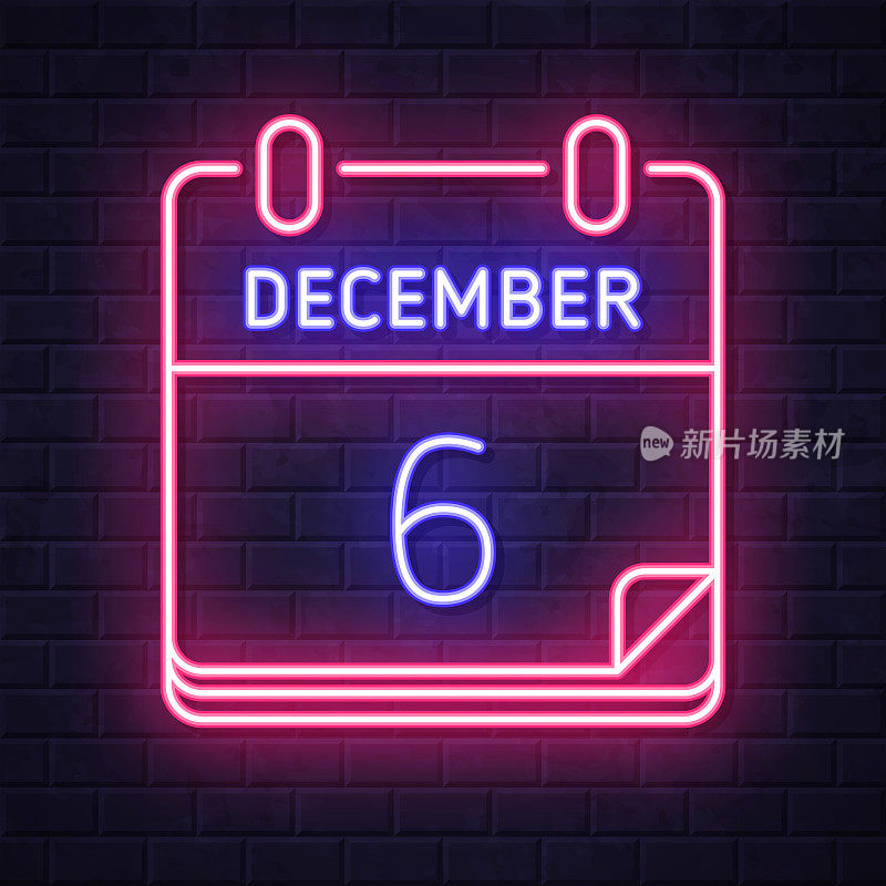 12月6日。在砖墙背景上发光的霓虹灯图标