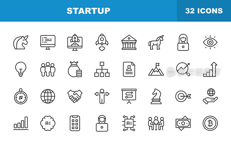 启动线路图标。可编辑的中风。包含诸如独角兽，成长，编程，风险投资，视频会议，交易，敏捷，愿景，成就，创始人，企业家等图标。