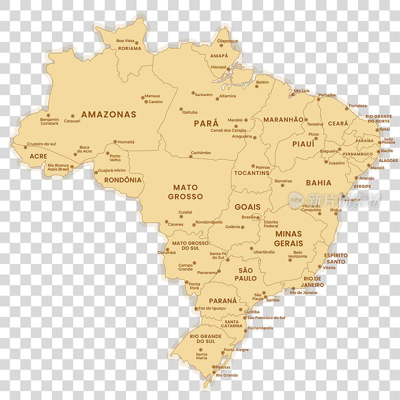巴西地图与地区和城市在透明的背景。