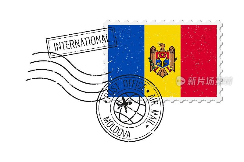 摩尔多瓦grunge邮票。老式明信片矢量插图与摩尔多瓦国旗孤立的白色背景。复古的风格。