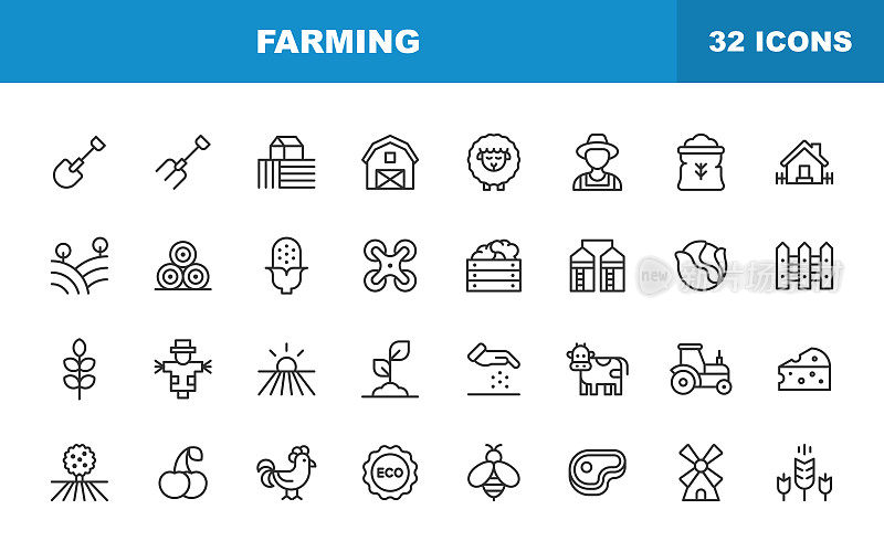 农场线图标。可编辑的中风。包含农场，农业，动物，拖拉机，蔬菜，水果，生态，生物，植物，种子等图标。