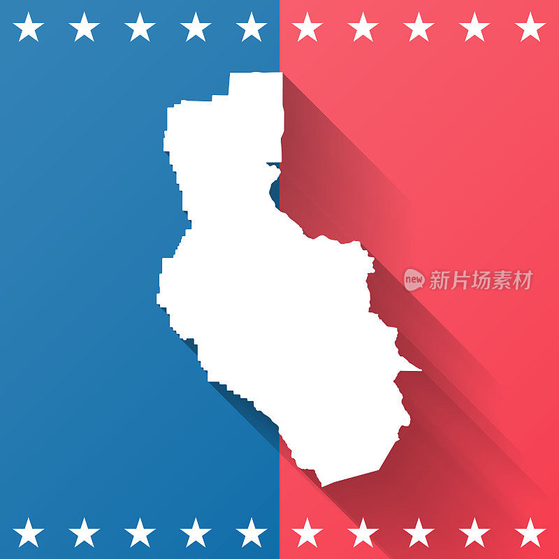加州莱克县。地图在蓝色和红色的背景