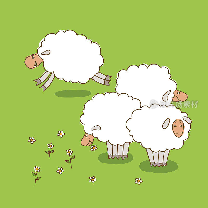 白色的绵羊在绿色的草地上吃草