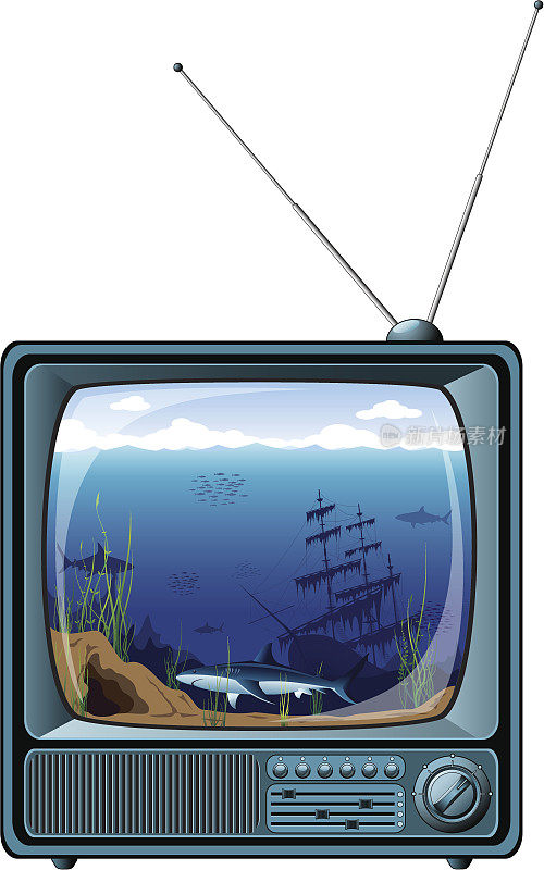 蓝色复古电视与海景
