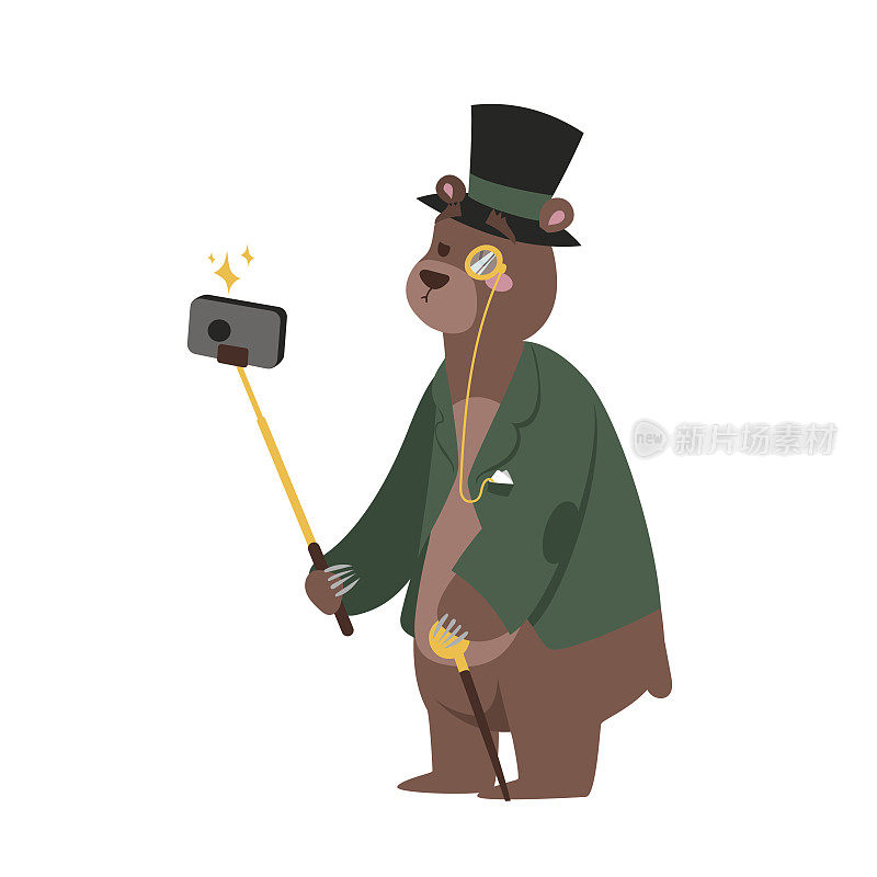 搞笑图片熊摄影师哺乳动物的人拿着自拍杆和可爱的动物自拍一起用智能手机相机矢量插图