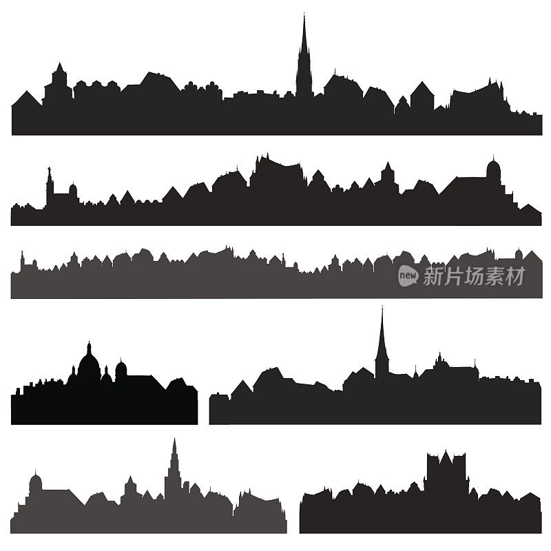城市silhouett集。欧洲城市。天际线。建筑轮廓集合。
