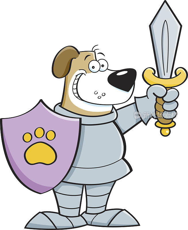装扮成骑士的卡通狗。
