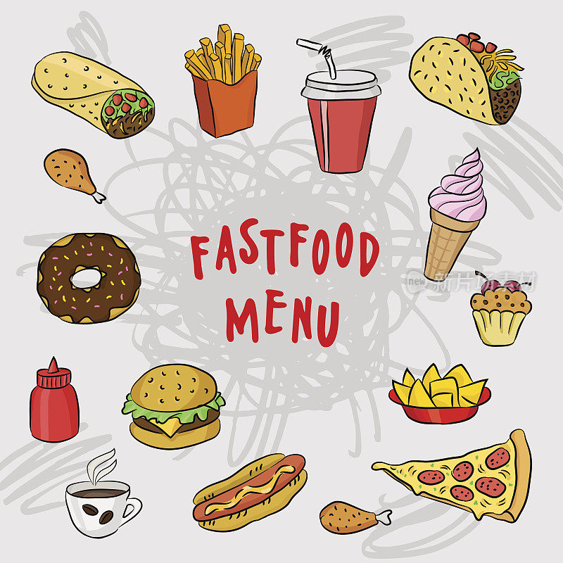 快餐和墨西哥菜菜单封面模板与手绘彩色图标。零食涂鸦插图。为小酒馆，快餐连锁店，餐馆，小吃店的食物插图