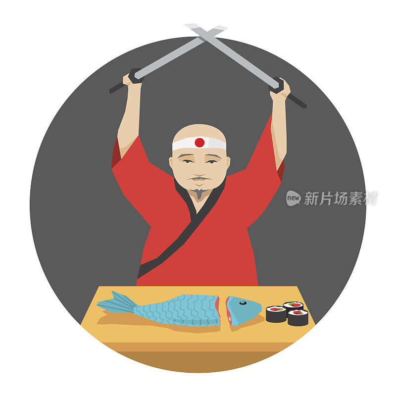 穿着和服的日本厨师用两个武士刀烹饪鱼寿司