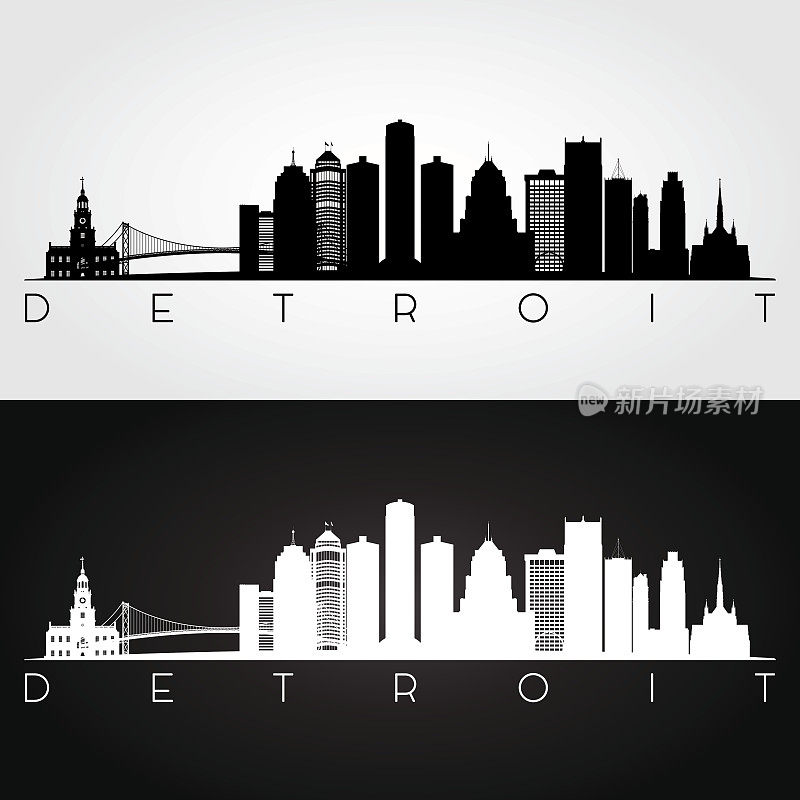 美国底特律的地平线和地标剪影