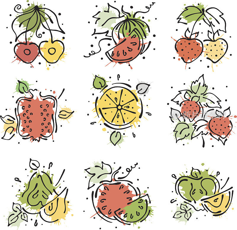 一套矢量插图的水果。西瓜，苹果，梨，石榴，樱桃，草莓，浆果和橙子，西瓜。手绘等高线和笔画与飞溅，滴，点。