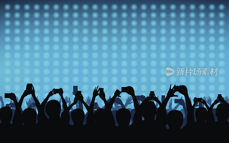 蓝色背景上的智能手机和数字点图案与举手的剪影